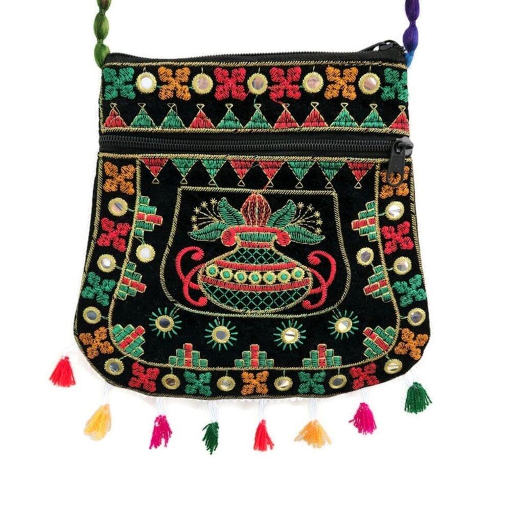 Women's Multi Colored Tasseled India Embroidered Black Velour Crossbody Bag